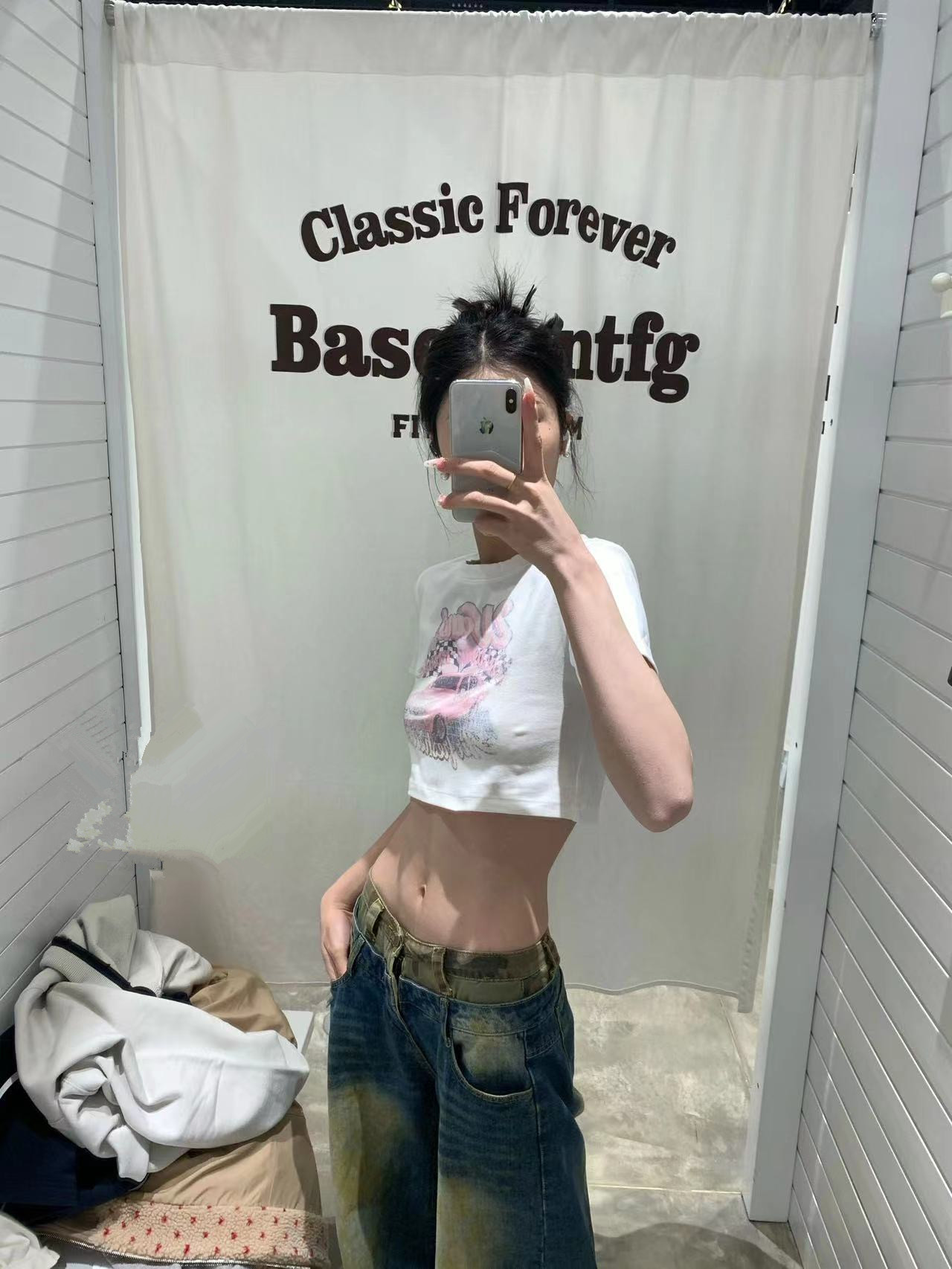 純棉210克40支奧代爾帶彈力直播品質前 印花短款修身t恤女
