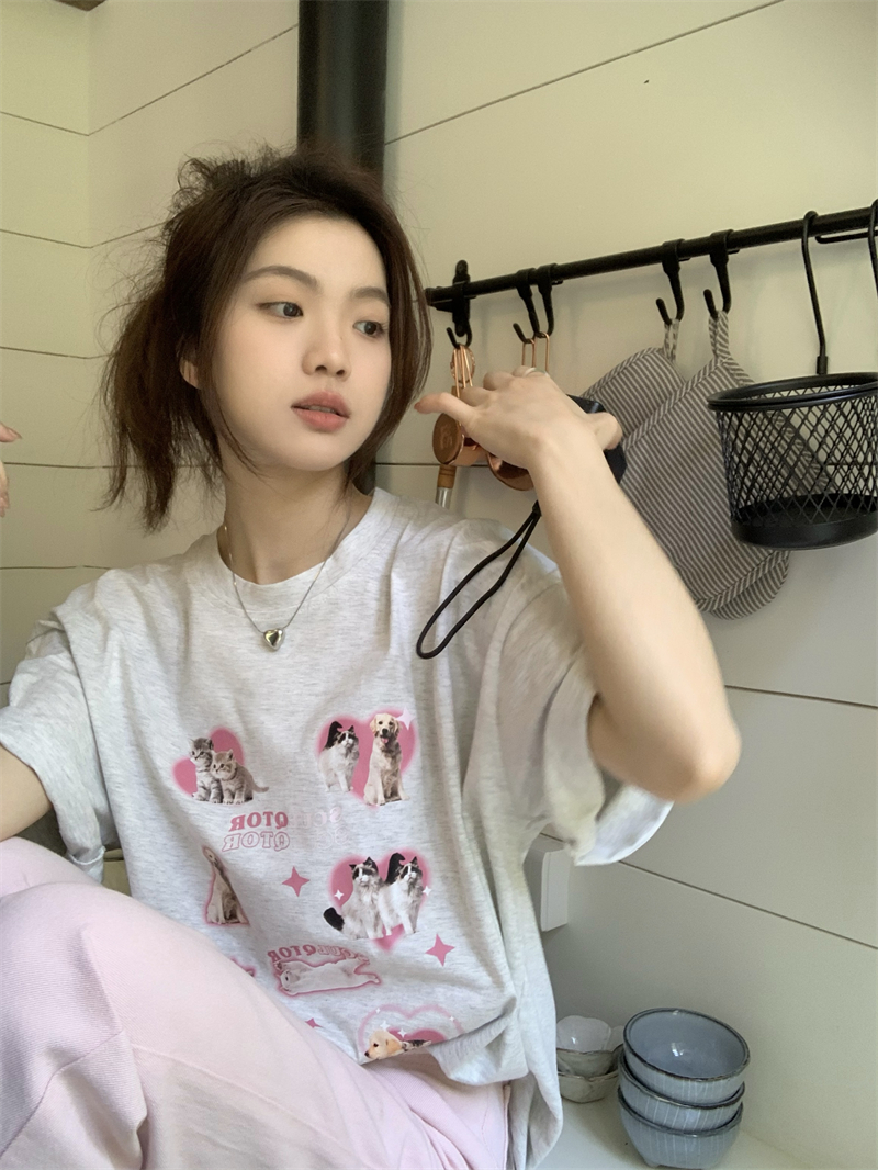 Actual shot~Korean girl’s short-sleeved loose T-shirt with loving animal and dog prints