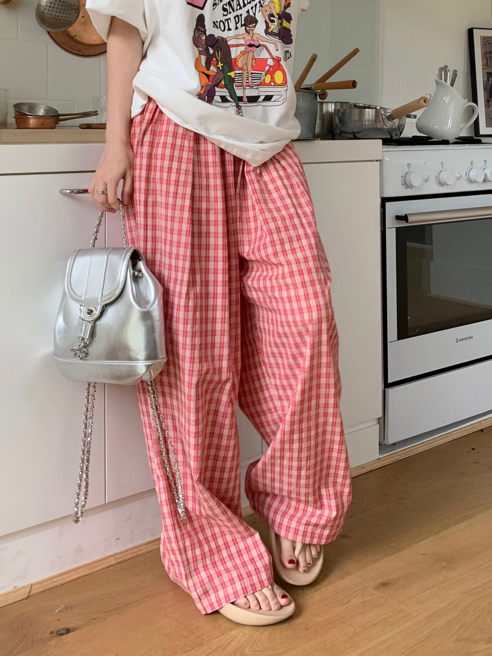 Actual shot~Pink plaid wide-leg pants casual high-waisted floor-length trousers