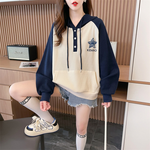Real shot 2024 spring Korean style loose hooded waffle patch large size women's thin sweatshirt for women