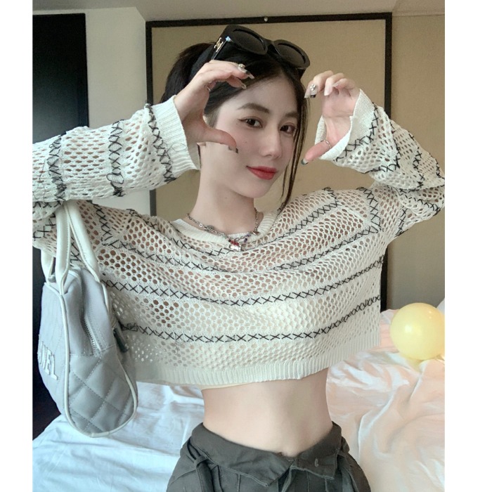 拼色條紋鏤空針織防曬衫女薄款夏罩衫短款長袖別致小眾絕美上衣潮