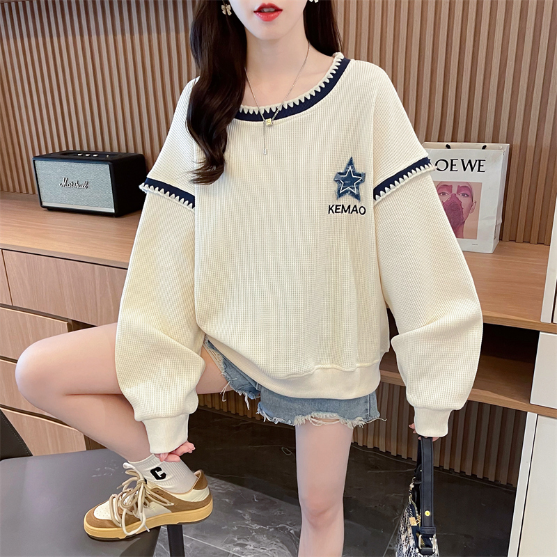 Real shot 2024 spring Korean style loose Chinese cotton composite color matching round neck three-dimensional decoration large size thin sweatshirt for women