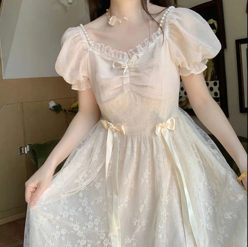 Summer Soft Mist Moonlight Pearl Bow Puff Sleeve Lace French Forest Fairy Dress for Women