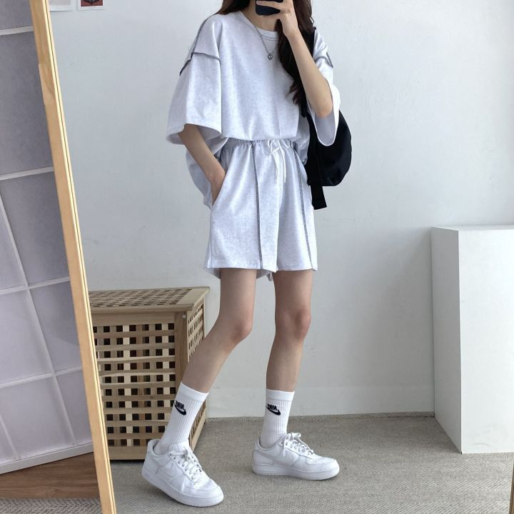 棉復古袖短褲兩件套大碼純色夏季時尚休閒運動服套裝寬鬆