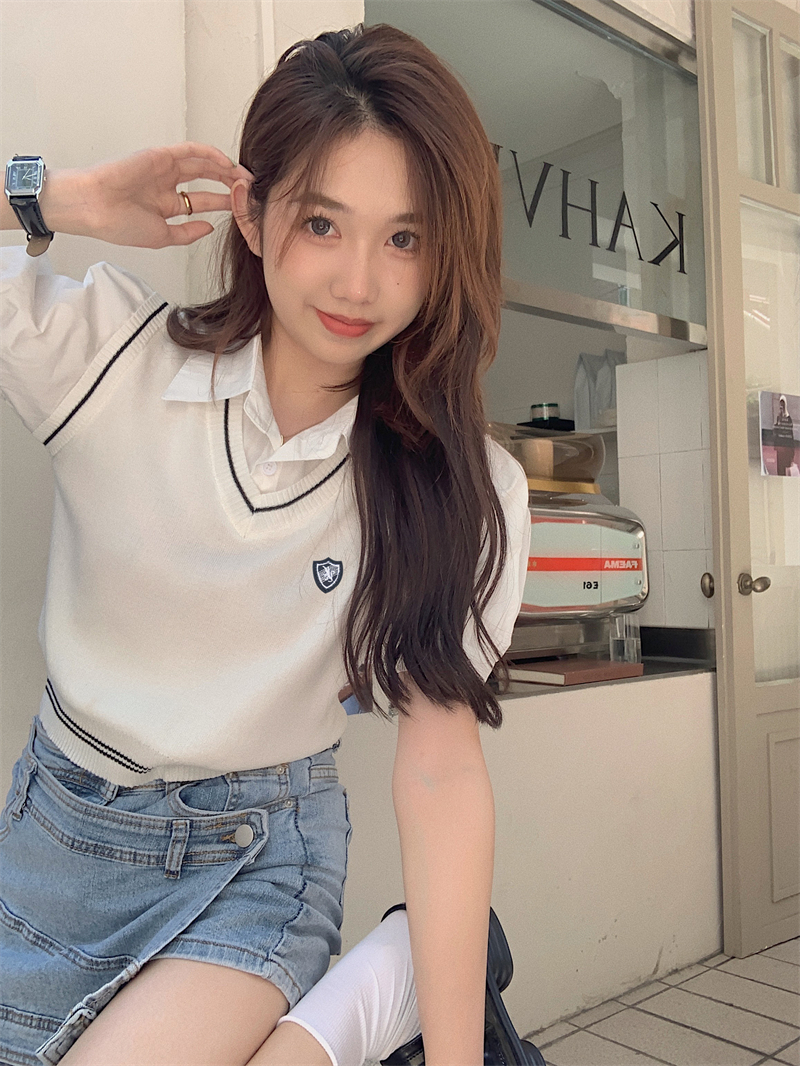學院風港味短款泡泡袖上衣女夏季設計感假兩件Polo領針織短袖襯衫