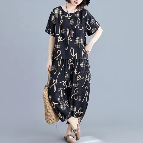 Printed two-piece short-sleeved round-neck T-shirt casual large size wide-leg pants loose fat MM fashion suit for women