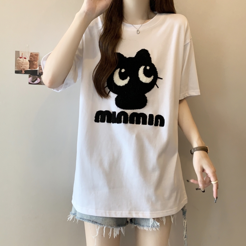 Real shot 32 double yarns 2024 summer towel embroidered short-sleeved T-shirt for women loose embroidered cartoon