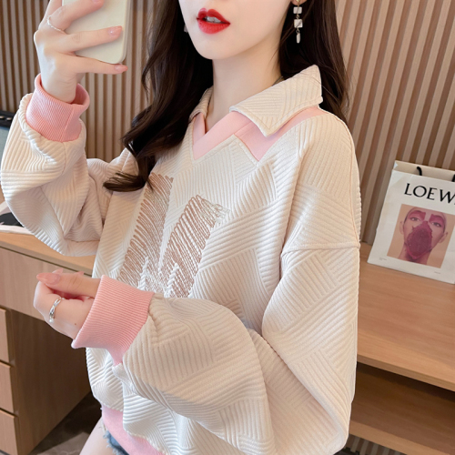 Actual shot of spring new Korean style loose POLO collar 260g jacquard cartoon print large size thin sweatshirt for women
