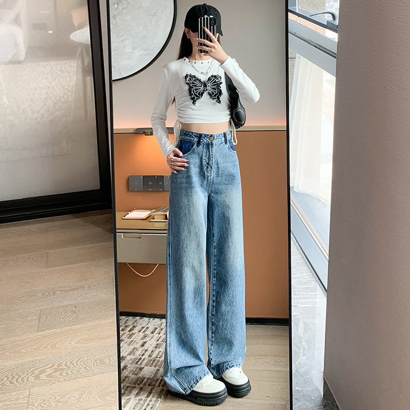 Actual shot of new spring straight-leg pants, wide-leg pants, women's jeans, trousers, plus-length trousers