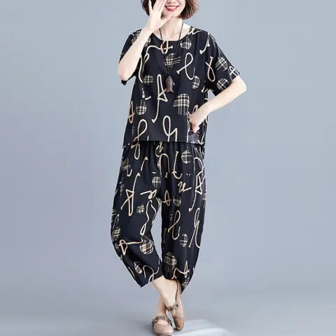 Printed two-piece short-sleeved round-neck T-shirt casual large size wide-leg pants loose fat MM fashion suit for women