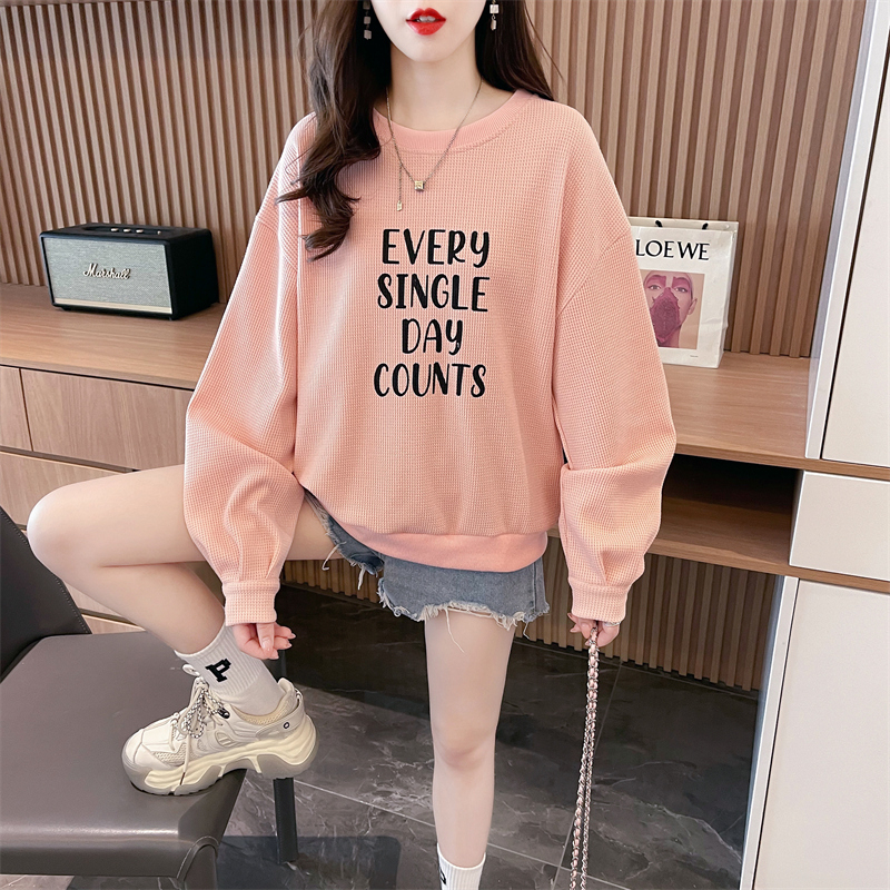 Actual shot of new spring Korean style loose waffle POLO collar printed large size short thin sweatshirt for women