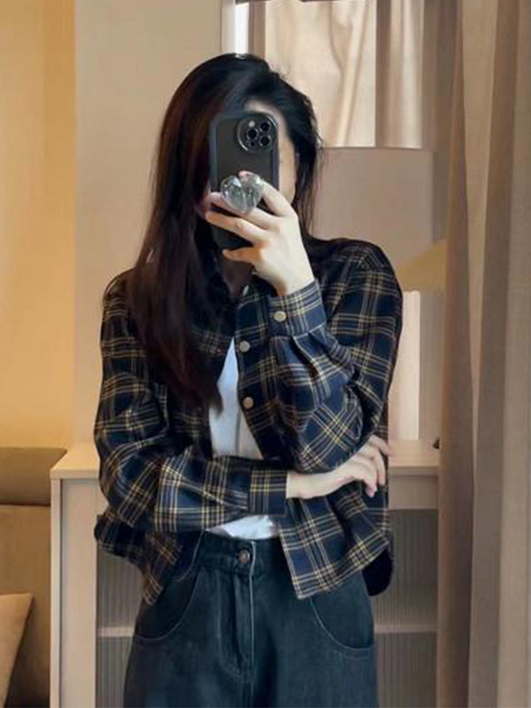 復古格子襯衫女短款外套春秋2024新款長袖上衣高級感襯衣