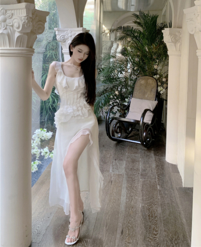 Real shot of sexy white pure lust ruffled backless super fairy temperament gentle long chiffon dress for women