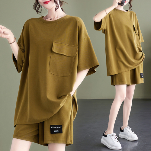 Summer European style casual suit with pocket design, loose, slim, fashionable and versatile, two-piece short-sleeved shorts set