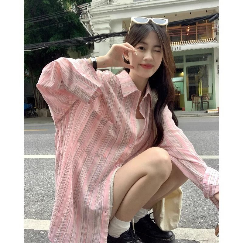 高品質#慵懶風長袖襯衫防曬外套女夏季復古粉色條紋襯衣休閒上衣