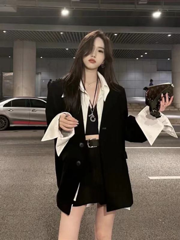 休閒時尚西裝套裝女早春季高級感拼接西服上衣高腰半身裙褲兩件套