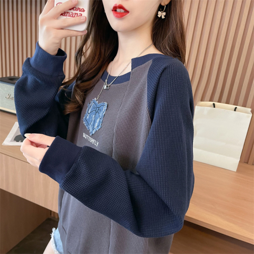 Actual shot of 2024 spring Korean style loose round neck irregular waffle patch large size thin sweatshirt for women
