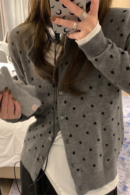 fancccy 波點針織開衫女春季2024新款疊穿設計感百搭顯瘦長袖上衣