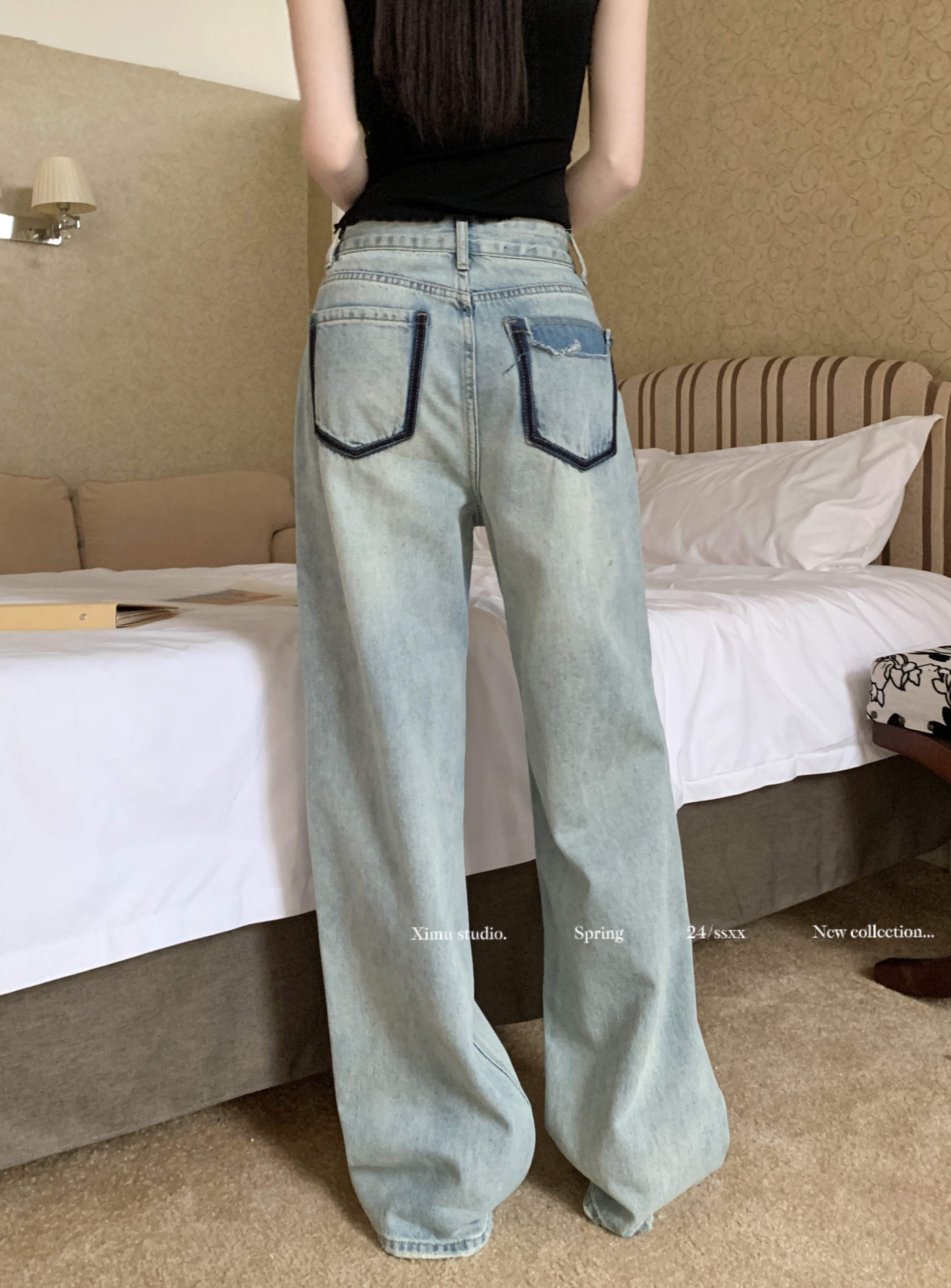 Actual shot of personalized pocket loose and versatile denim wide-leg pants