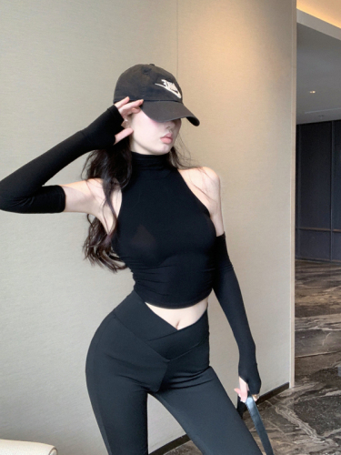 Real shot of sweet and spicy slim stretch T-shirt off-shoulder sexy high-neck sleeve top for women