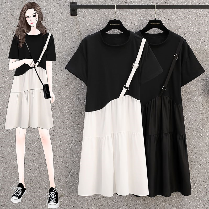 Actual shot of new summer large size loose, belly-covering, slimming design fake two-piece dress M-4XL 200 pounds