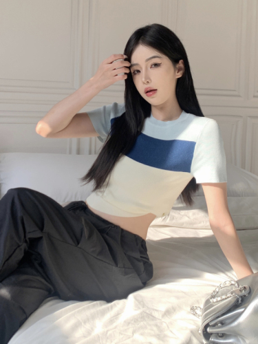 Actual shot of summer new style Korean style pure lust style ice cream color striped sweater short-sleeved T-shirt top for women