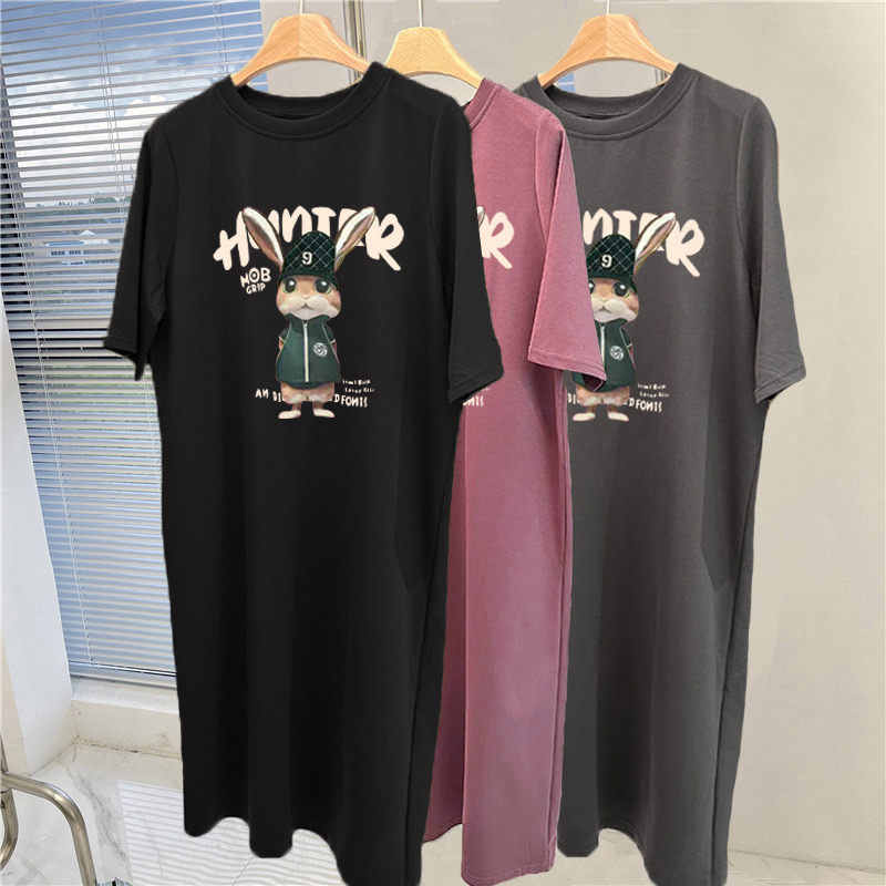 純棉短袖t恤連衣裙女時尚韓版寬鬆休閒大碼中長款過膝裙子夏季潮