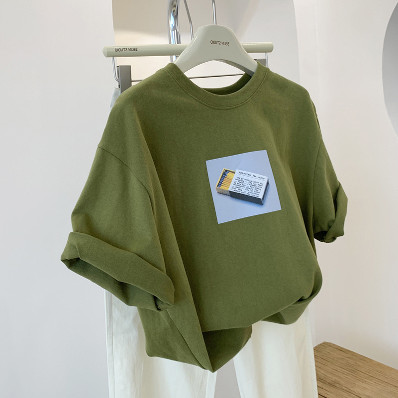 230g combed compact offspun pure cotton back strip Spring and summer loose right shoulder printed short-sleeved T-shirt