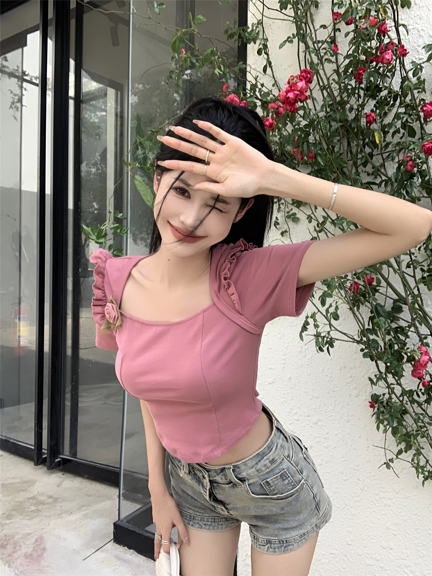 Actual shot ~ Summer retro Hong Kong style slimming design versatile one-shoulder women's short-sleeved T-shirt