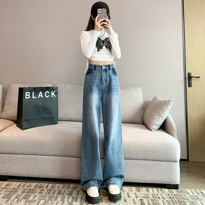 實拍~2024春裝新款韓版百搭簡約時尚直筒褲闊腿褲女裝牛仔褲長褲