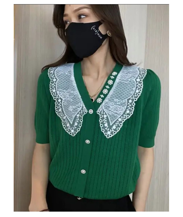 Lace Doll Collar Knitted Cardigan Women's 2024 Summer Casual Fashion Loose Versatile Slim Beaded Sweater