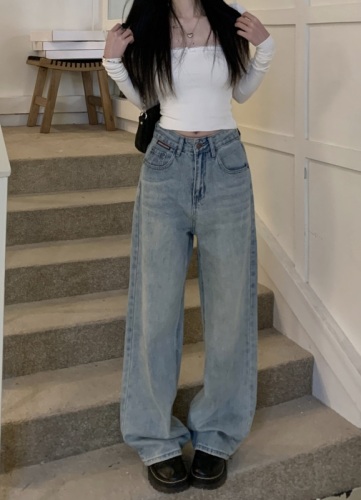 Actual shot of personalized pocket loose and versatile denim wide-leg pants