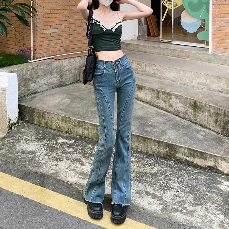 復古水洗高腰微喇牛仔褲女2024新款ins潮懷舊彈力修身喇叭褲