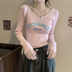 Real shot of sweet and spicy square neck short T-shirt for women spring long-sleeved slim bottoming shirt with tight top inside