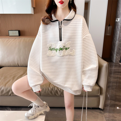 Real shot 2024 spring Korean version loose back bag collar POLO collar jacquard embroidery large size thin sweatshirt for women