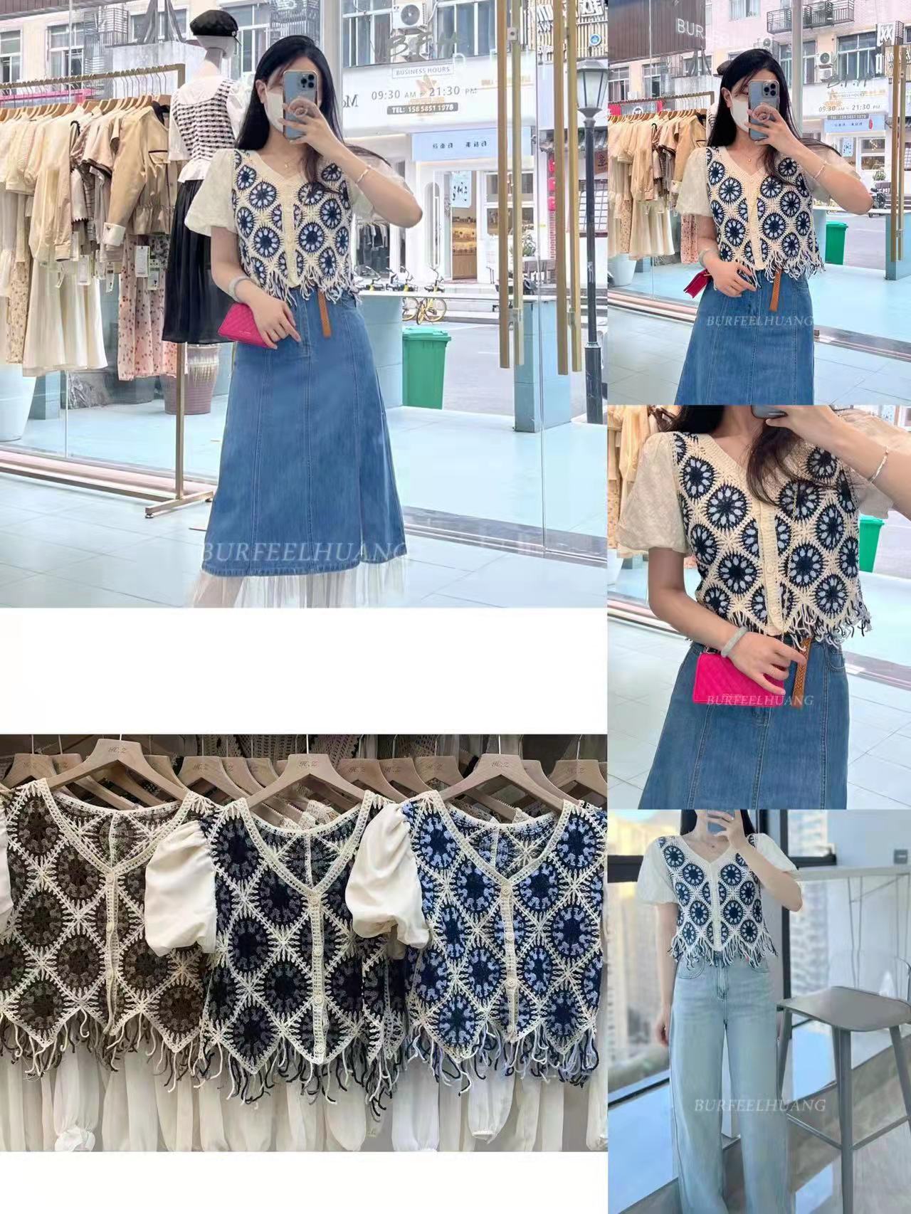 New rhombus tassel V-neck knitted vest for women in contrasting colors, retro loose, autumn thin outer vest top