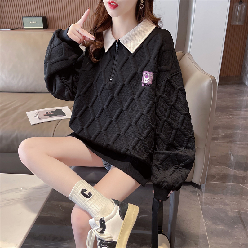 Real shot 2024 spring Korean style loose back bag collar jacquard strawberry bear embroidery large size thin sweatshirt for women