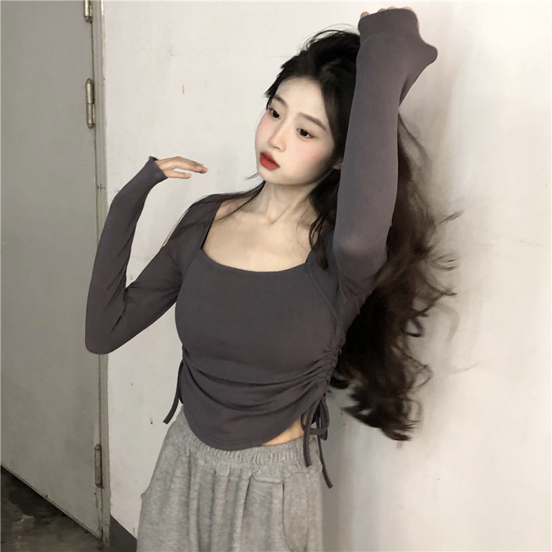 Real shot ~ 2024 early spring fashion hot girl short T-shirt versatile drawstring long-sleeved bottoming top