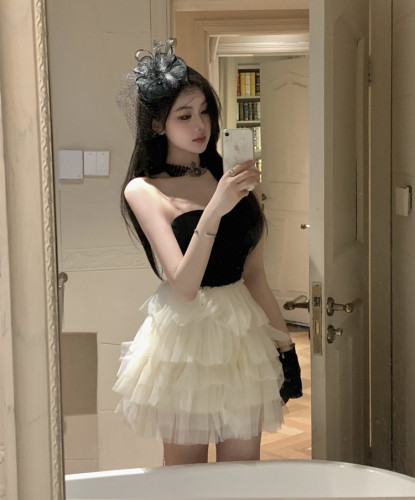 Real shot of sexy tube top high waist ballet style mesh splicing cake skirt + sleeves
