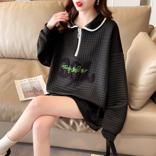Real shot 2024 spring Korean version loose back bag collar POLO collar jacquard embroidery large size thin sweatshirt for women