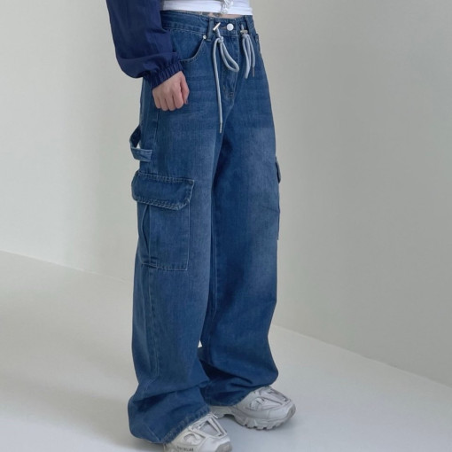 Loose denim wide pants with drawstring ties