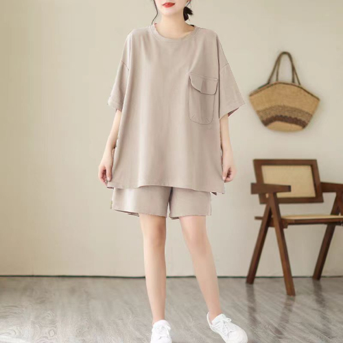 Summer European style casual suit with pocket design, loose, slim, fashionable and versatile, two-piece short-sleeved shorts set