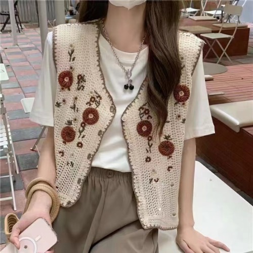 French chic design crochet ethnic style vest two-piece shirt autumn new style top