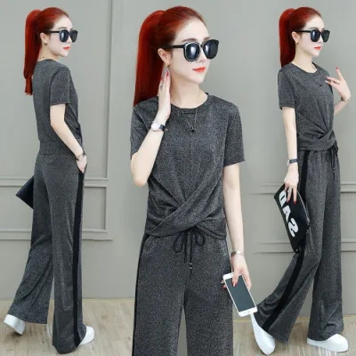 Wide-Leg Pants Sports Suit Women's 2024 Summer New Style Drapey High-Waist Slimming Wide-Leg Pants Two-piece Set