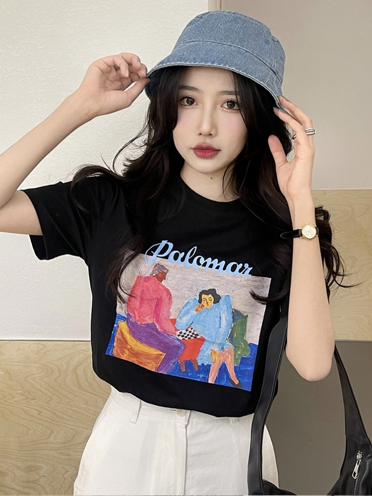 200g combed compact offspun pure cotton back strip Spring and summer loose right shoulder printed short-sleeved T-shirt