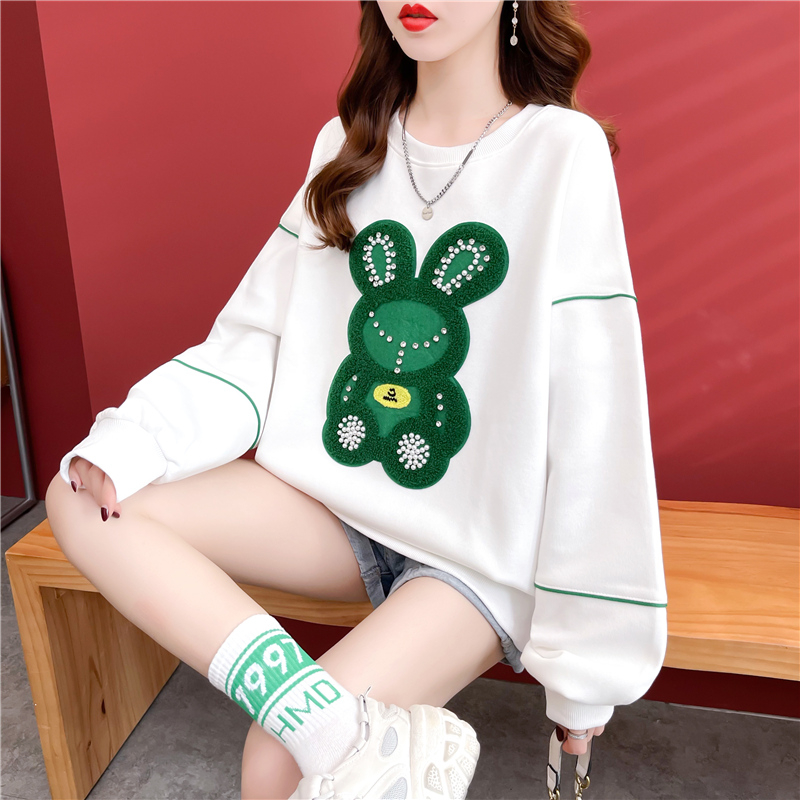 Actual shot of 2024 spring Korean style loose cartoon towel embroidered with rhinestones mid-length large size thin sweatshirt for women