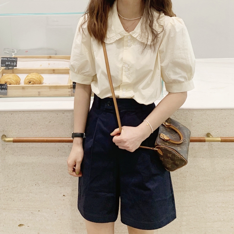 法式小眾淡奶油黃泡泡袖娃娃領短袖襯衫薄款女夏季上衣