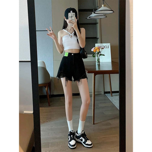 Raw edge ripped denim shorts for women summer new style pear-shaped high-waisted slimming high-waisted a-line hot pants