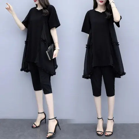 Plus size women's 2024 summer new style chiffon suit for fat girls to cover belly, reduce age, fashion and slim down two-piece set