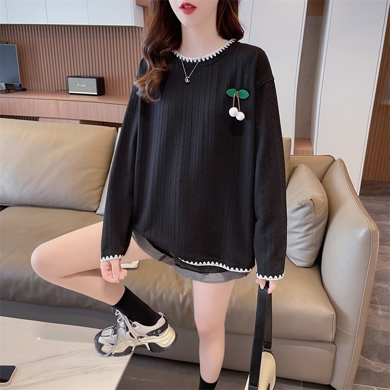 實拍 春裝韓版寬鬆230克提花圓領立體裝飾大碼打底衫T恤女